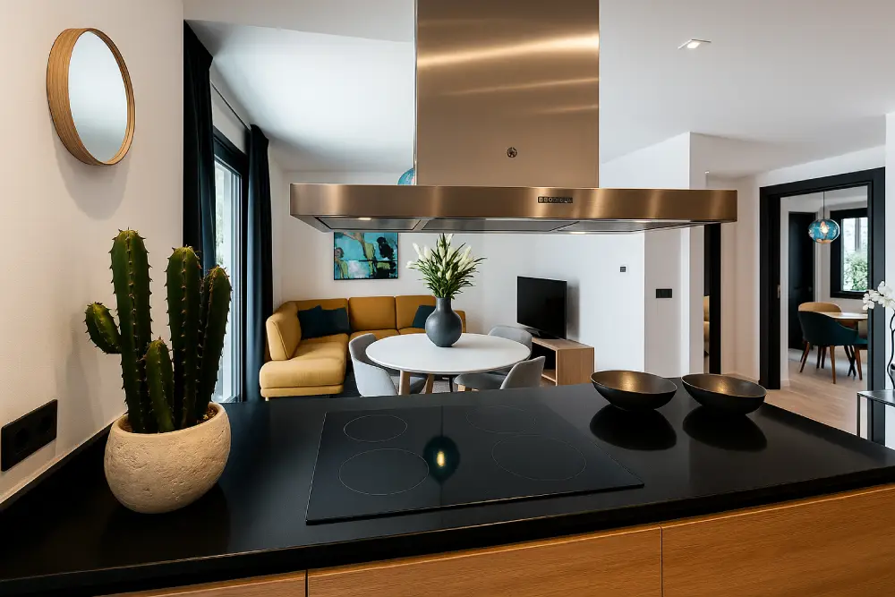 contemporary kitchen with black induction cooktop island range hood cactus plant and view into modern living and dining areas