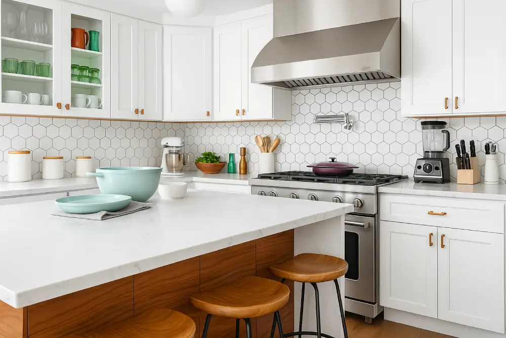 bright kitchen with white shaker cabinets wood accents hexagon tile backsplash stainless steel appliances and breakfast bar with wooden stools