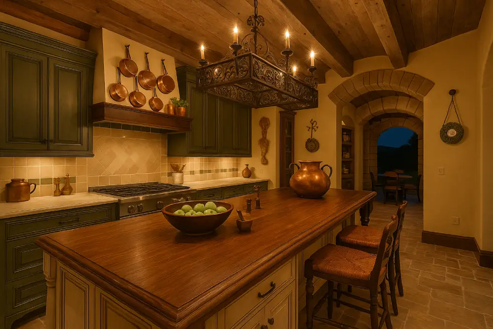 rustic mediterranean kitchen with dark wood island green cabinetry copper accents exposed wood beams and arched stone entryways