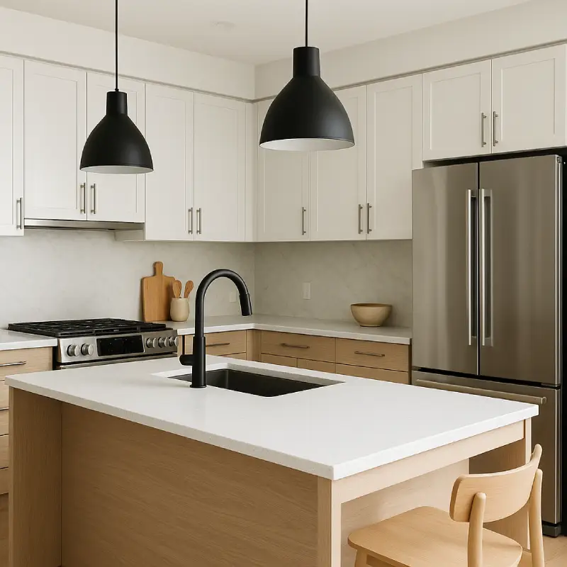 modern kitchen with white upper cabinets wood lower cabinets quartz countertops black fixtures and stainless steel french door refrigerator