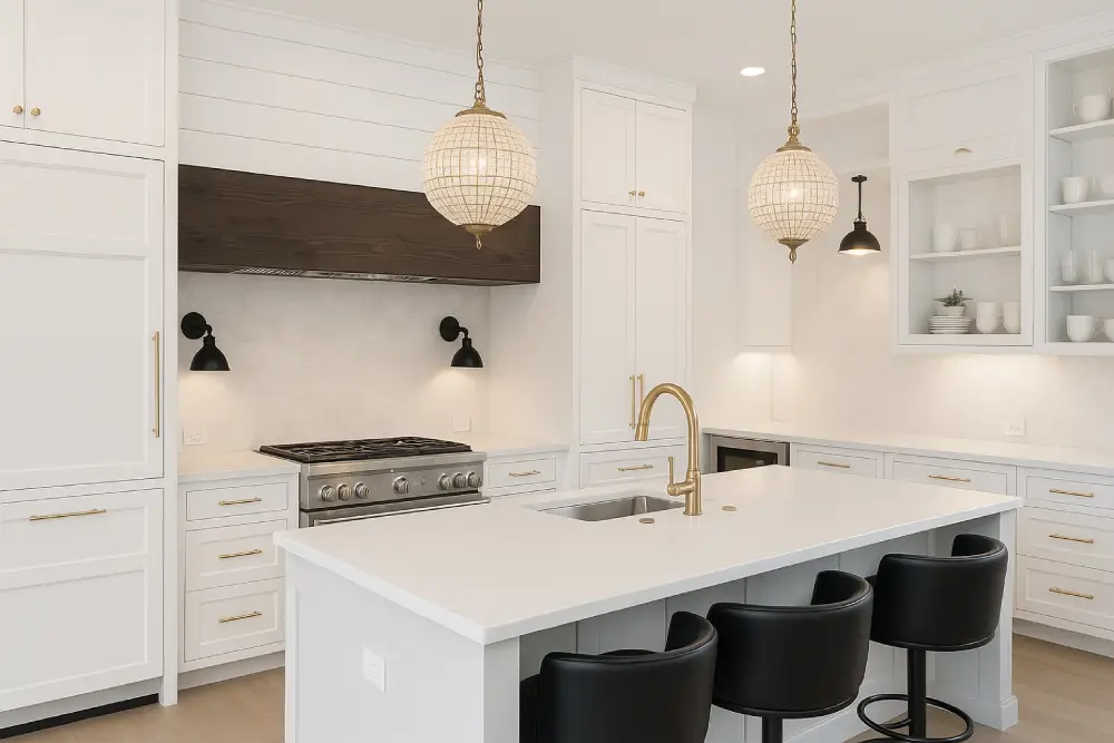 luxury kitchen with all white cabinetry quartz island brass fixtures black bar stools and statement pendant lighting