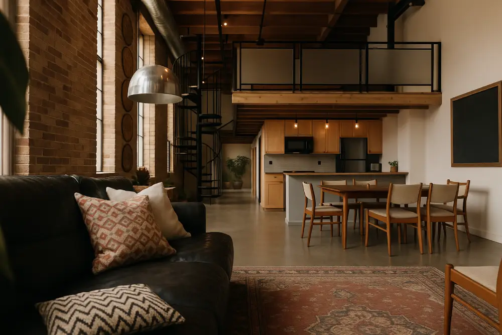 industrial loft kitchen and dining area with exposed brick walls spiral staircase open mezzanine and mid-century modern furniture