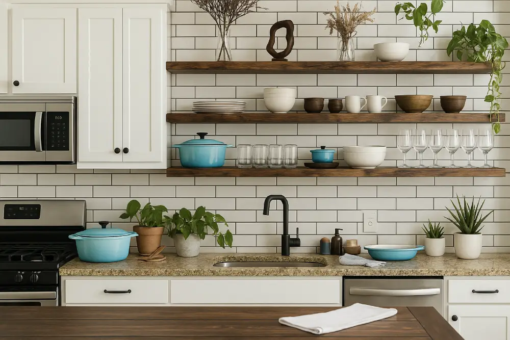 cozy kitchen with white subway tile backsplash wood floating shelves black faucet granite countertops and mix of dishware and plants